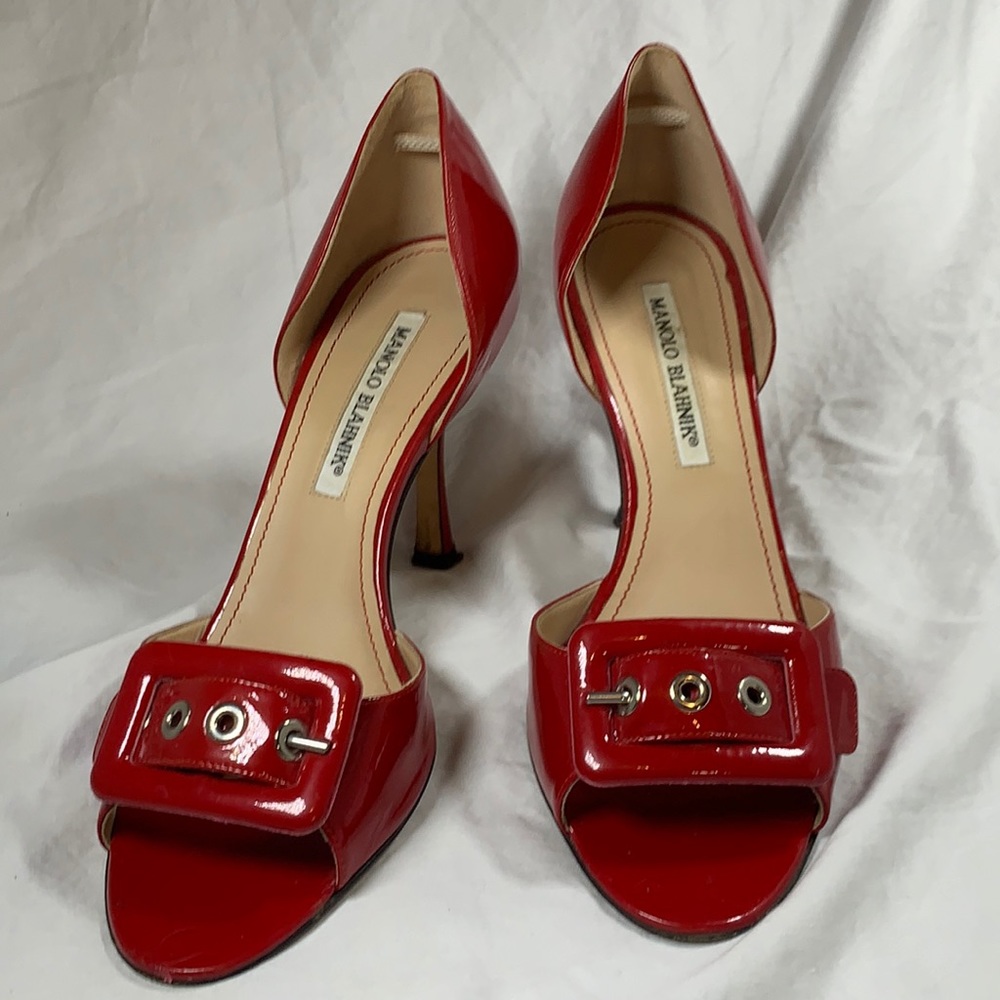 Manolo Blahnik Patent Red Peep Toe Pump